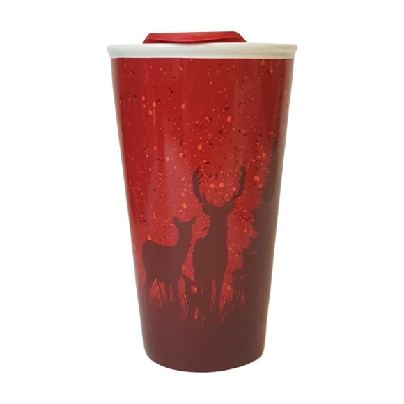 Tim Hortons 2017 Travel Mug Lidded Tumbler Deer Elk Trees Winter Holiday Red - Picture 1 of 16